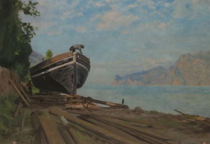 CALDERINI Luigi, 1880 / 81-1973 Chantier naval au bord d'un lac Huile sur papier,...