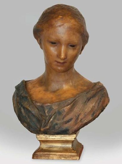 CROS Henry, 1840 -1907 Tête de cire, 1869 Buste en cire polychrome (traces de fines...