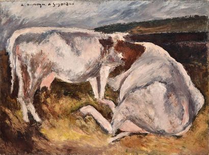 DUNOYER DE SEGONZAC André, 1884 -1974 Deux vaches, étable à Montaigu, 1925 Huile...