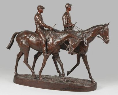 FREMIET Emmanuel, 1824 -1910 Les deux jockeys Groupe en bronze à patine brun roux,...