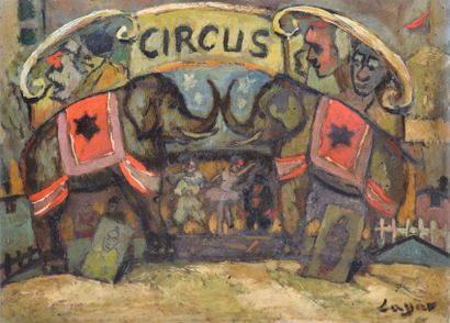 LAGAR Celso, 1891-1966 Entrée de cirque Huile sur panneau, signé en bas à droite,...