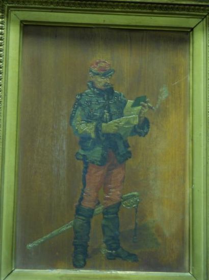 ÉCOLE FRANÇAISE, XIXe siècle Le militaire à la missive Huile sur panneau, non signé,...