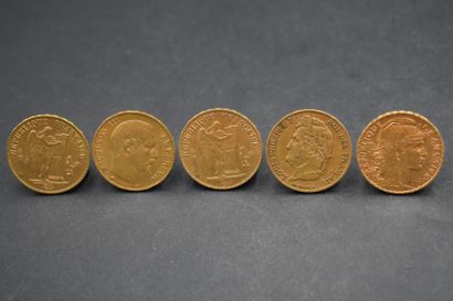 Lot composé de 5 pièces de 20 francs : 
-...
