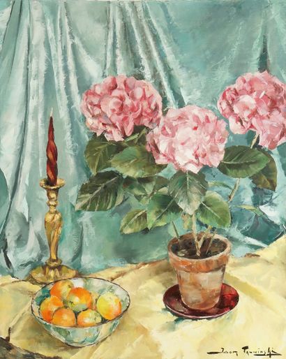 null TALWINSKI Igor (1907-1983)
Hortensias et coupe de fruits 
Huile sur toile 
Signée...