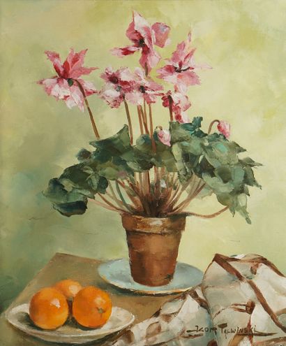 null TALWINSKI Igor (1907-1983)
Pot de cyclamens aux oranges
Huile sur toile 
Signée...