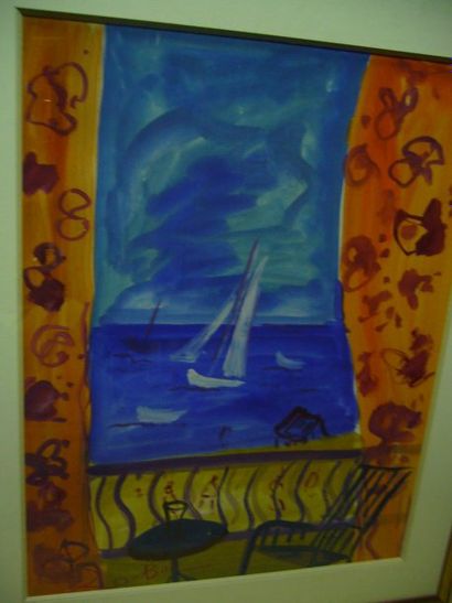 DUBUC, Roland (1924-1998) Fenêtre sur la mer, aquarelle gouachée, signée en bas à...