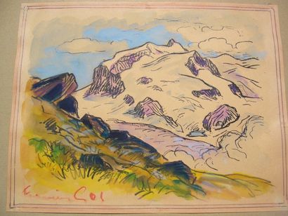 GOS François, 1880-1975 Paysage de montagne, aquarelle sur fond de gravure, signée...