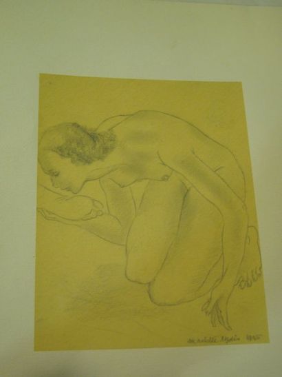 LYDIS Mariette (1890-1970) Femme agenouillée, dessin au crayon noir sur papier bistre,...
