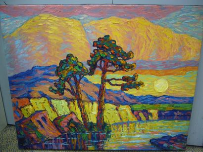 Ecole Moderne Bord de mer au soleil couchant, huile sur toile, non signée, 50x61...