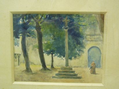 DE TOURNEMINE Le calvaire, aquarelle, signée en bas à gauche, 20 x 25 cm.