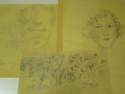 NELL (1975) Dix croquis et portraits, dessins dont un aquarellé sur calque, cachets...