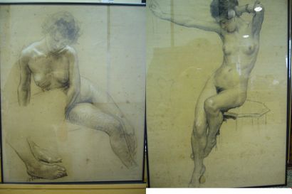 Ecole Française, fin XIXème, début XXème Etudes de nus, deux dessins avec des réhauts,...