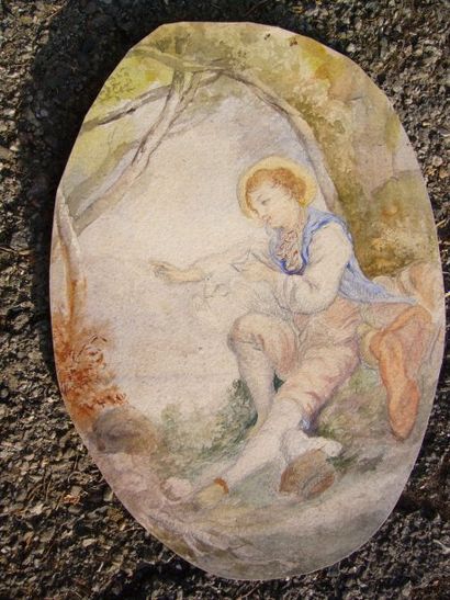 Ecole XIXe Le jeune berger, mine de plomb et aquarelle dans un ovale, non signé,...