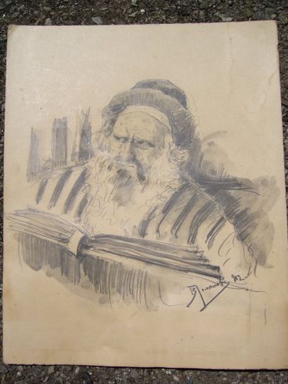 Ecole début XXème Le rabbin, dessin à la mine de plomb, signature illisible en bas...