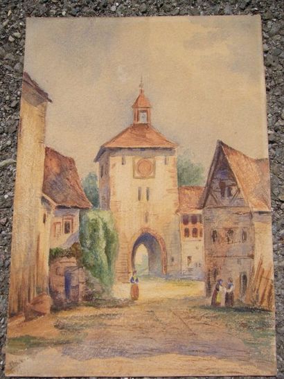 Ecole XIXème Le village, aquarelle, porte une signature illisible en bas à gauche,...