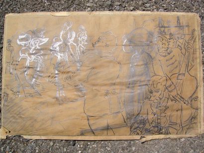 Ecole vers 1900 Le bal, dessin à la mine de plomb et encre sur papier calque collé...