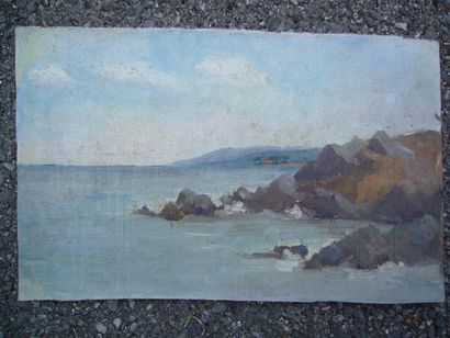 Ecole Moderne Rochers bord de mer, huile sur toile, non signée, 18x29,5 cm.