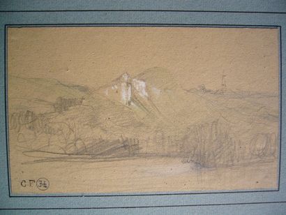 Ecole XIXe Vue d'une montagne, dessin mine de plomb et rehauts de couleur, signé...