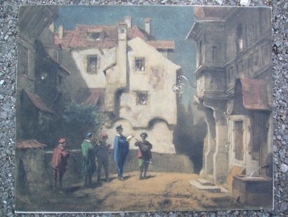 Ecole XIXème, Les musiciens devant la maison, aquarelle sur fond de gravure, non...