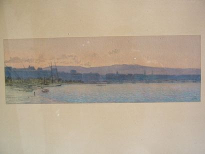 Ecole Moderne Vue du lac de Genève, aquarelle, en bas à droite : porte une marque,...