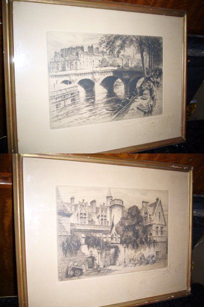 PINET Charles, 1867-1932 deux gravures: Musée de Cluny et Paris le Pont Neuf, 20...