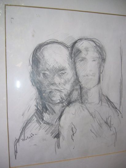 ZODEBK ? Couple, dessin à la mine de plomb, signé en bas à gauche, 24 x 22 cm.