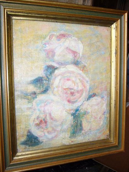 BERTHOUD Blanche, 1864- 1938 Roses, huile sur carton toilé, monogrammée en bas à...