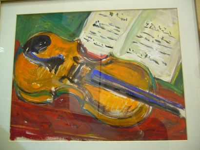 TOULET Louis Edouard, 1892-1967 Le violon, gouache, cachet de la signature au dos,...