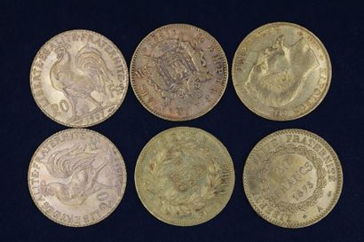 Lot de six pièces en or de 20 Francs comprenant...