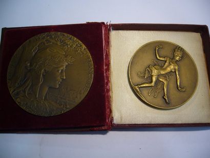null 2 médailles: Exposition Universelle 1900, bronze patiné, diam: 6,3c, écrin Exposition...