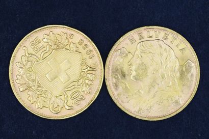 null Deux pièces en or de 20 francs Helvetia - 1935 -

Poids : 12,90 g.