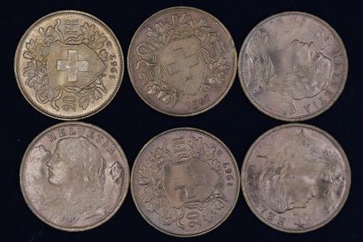 null Six pièces en or de 20 francs Helvetia - 1947 -

Poids : 38,70 g.