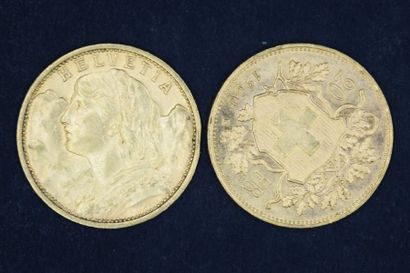 null Lot composé de 2 pièces en or de 20 Francs Helvetia (1900 et 1901)
Poids théorique...