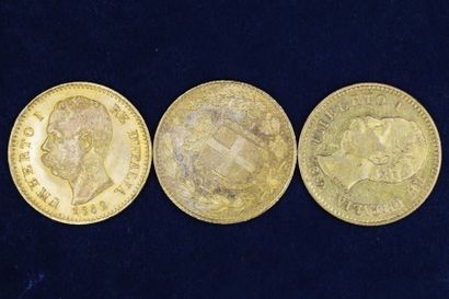 null Trois pièces en or de 20 lires Humbert Ier - 1882 R - 

Poids : 19,35 g.