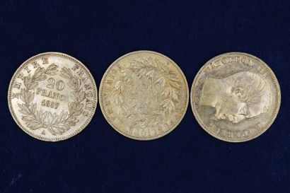 null Trois pièces en or de 20 Francs Napoléon III tête nue - 1852 A - 1857 A - 1859...