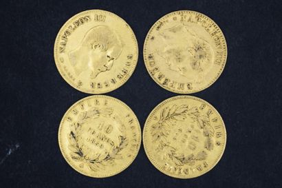 null Lot composé de 4 pièces en or de 10 Francs : 
- 3 x Napoléon III Tête nue (1856A,...
