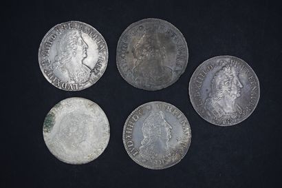 null LOUIS XIV
Lot de 5 écus aux Palmes, argent, réformés.
1693 Aix; 1694 -; 1699...