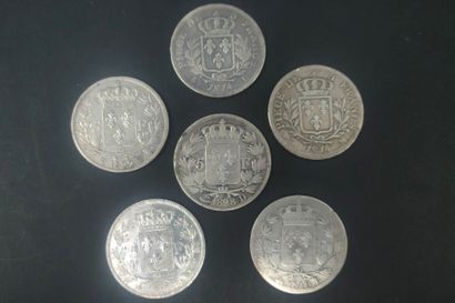 null RESTAURATION
Lot de 6 pièces de 5 Francs 
Louis XVIII = Type au collet : 1814...