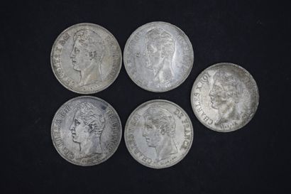 null CHARLES X
Lot de 5 pièces de 5 Francs
1826 K; 1827 A (2 ex); 1828 T et 1829...