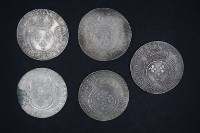 null LOUIS XIV
Lot de 5 écus aux Palmes, argent, réformés.
1693 Aix; 1694 -; 1699...