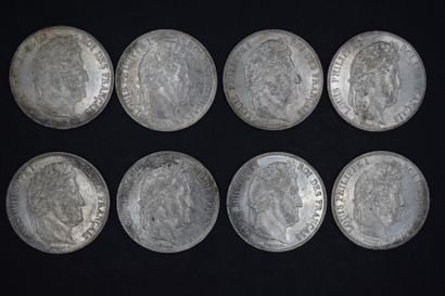 null LOUIS-PHILIPPE
Lot de 21 pièces de 5 Francs en argent.
1831 W (non lauré); 1831...