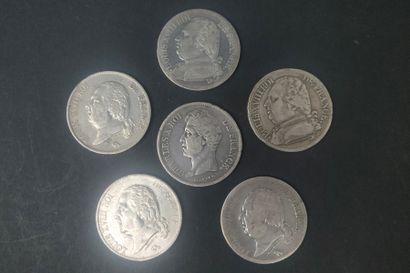 null RESTAURATION
Lot de 6 pièces de 5 Francs 
Louis XVIII = Type au collet : 1814...