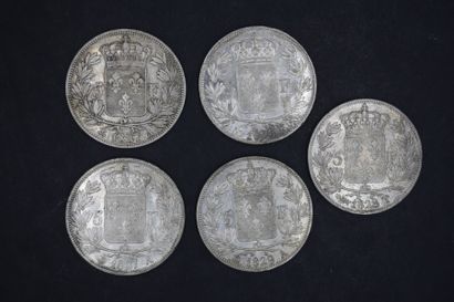 null CHARLES X
Lot de 5 pièces de 5 Francs
1826 K; 1827 A (2 ex); 1828 T et 1829...