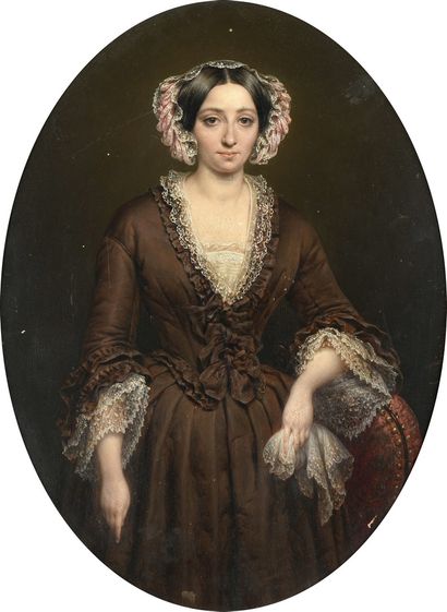 null RICQUIER Louis, 1792-1884
Jeune femme à la robe brune et dentelles - Homme au...