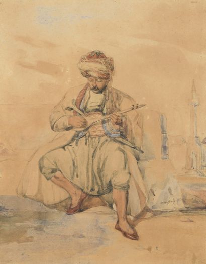 null MONTFORT Antoine Adolphe, 1802-1884
Soldat oriental jouant de l’oud, 18...
gouache...