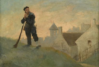 null SERGENT Lucien, 1849-1904,
Matelor fuslier marin devant une ville,
huile sur...
