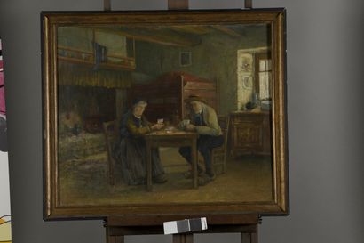 null RIVIÈRE Charles, 1848-1920,
Couple de bretons jouant aux cartes,
huile sur toile...