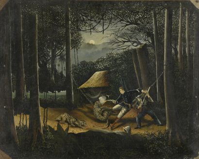 null DUJARDIN, XIXe-XXe siècle,
Campement attaqué par des félins au clair de lune...