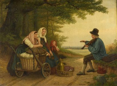 null PLÄSCHKE Moritz, 1818-1888,
La halte,
huile sur toile (fines craquelures), signée...