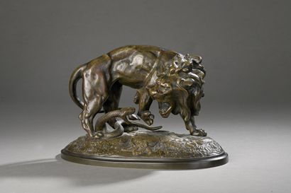null BARYE Alfred, 1839-1882
Serpent et lion
groupe en bronze à patine brune nuancée,...